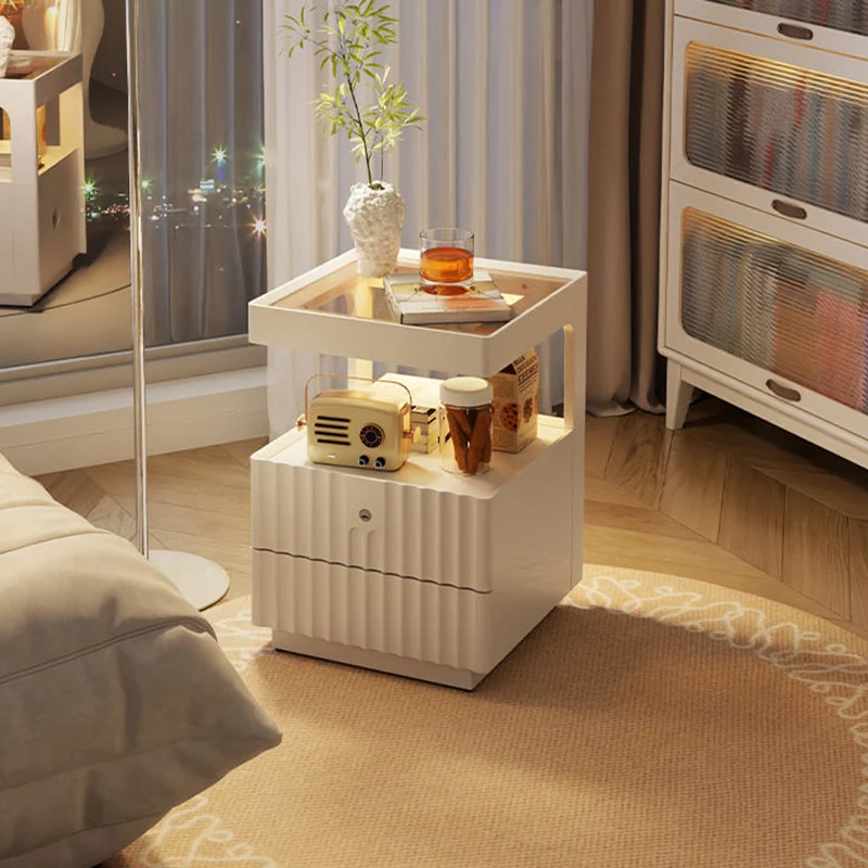 Contemporary Nordic Rectangular Rubberwood Pine Wood Tempered Glass Zinc Alloy Nightstand 2-Drawer For Bedroom