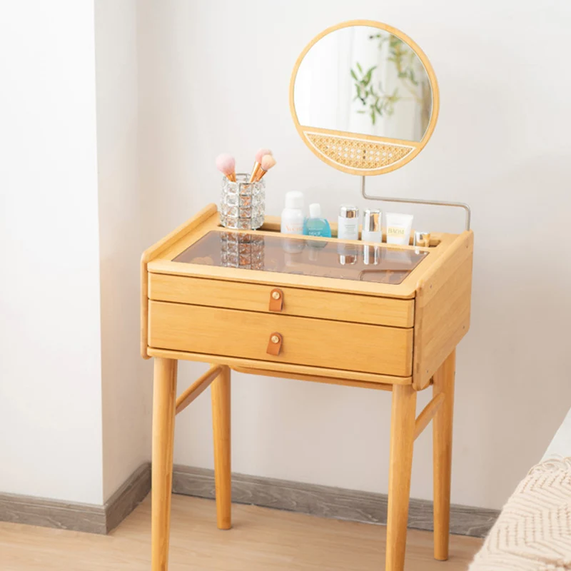 Traditional Rustic Rectangular Bamboo Stainless Steel Resin Glass Makeup Vanity 2-Drawer For Bedroom