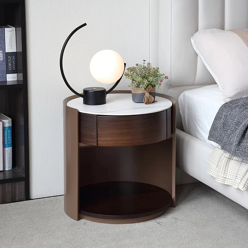 Traditional Chinese Sintered Stone Medium Density Fiberboard Round Cylinder Nightstand 2-Tier For Bedroom