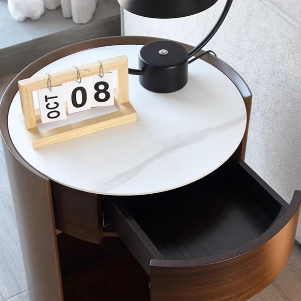 Traditional Chinese Sintered Stone Medium Density Fiberboard Round Cylinder Nightstand 2-Tier For Bedroom