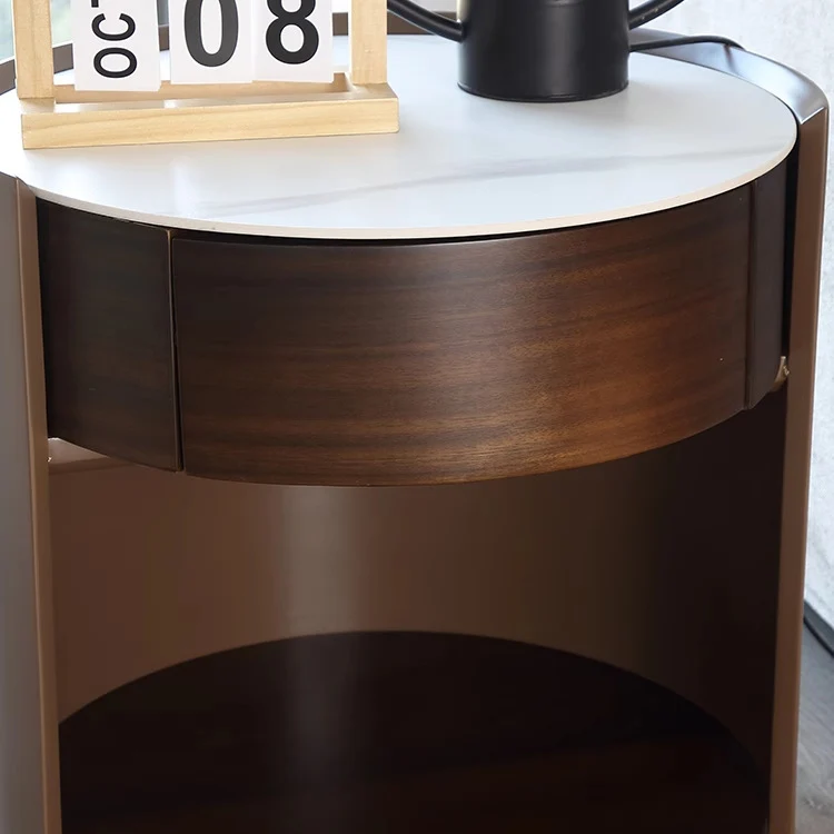 Traditional Chinese Sintered Stone Medium Density Fiberboard Round Cylinder Nightstand 2-Tier For Bedroom