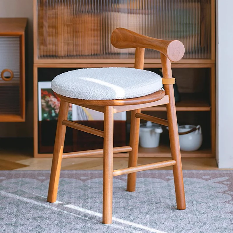 Contemporary Scandinavian Curved Bow Sherpa Fabric Rubberwood Vanity Stool Backrest Armless For Bedroom