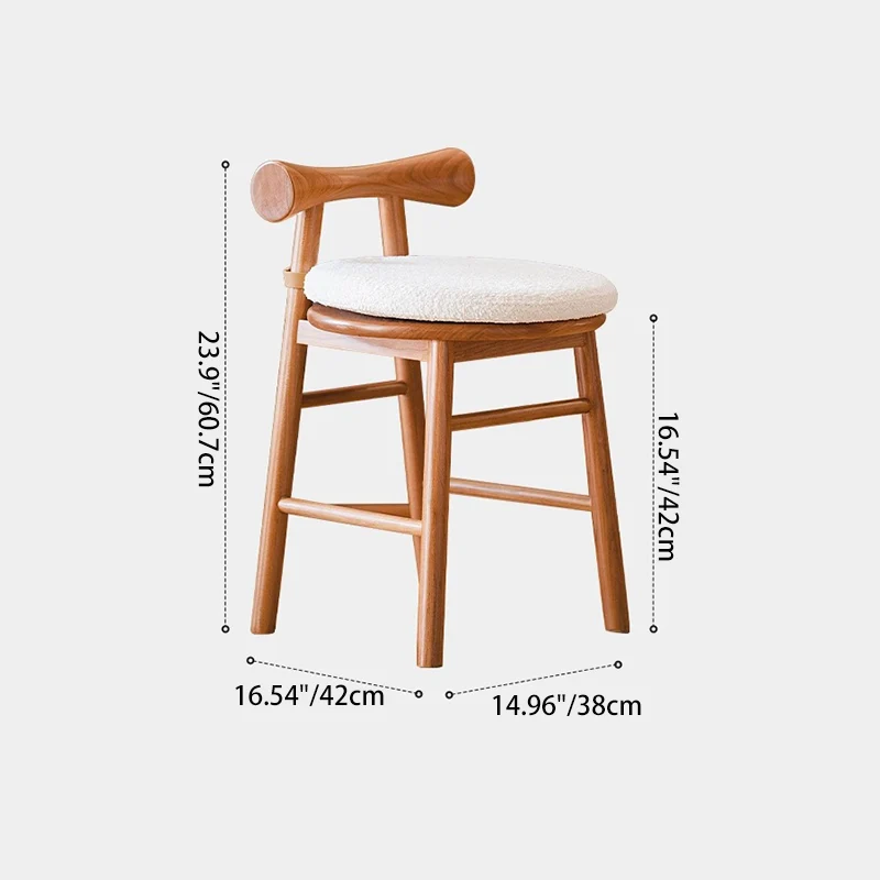 Contemporary Scandinavian Curved Bow Sherpa Fabric Rubberwood Vanity Stool Backrest Armless For Bedroom