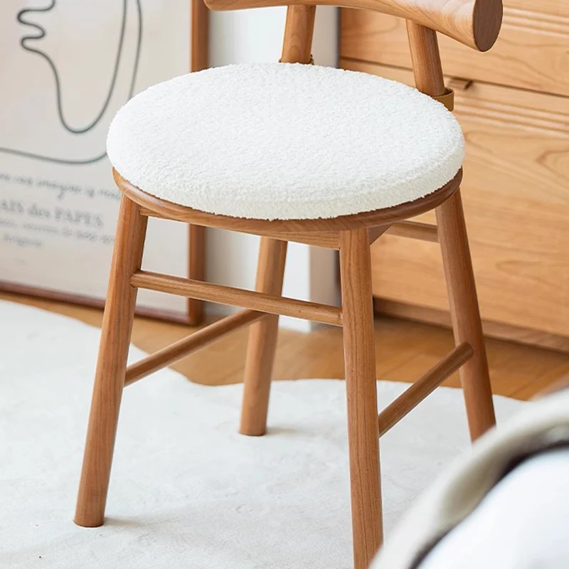Contemporary Scandinavian Curved Bow Sherpa Fabric Rubberwood Vanity Stool Backrest Armless For Bedroom