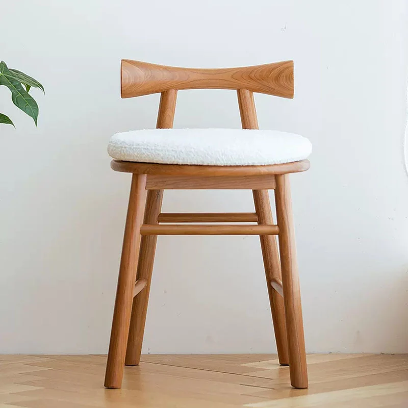Contemporary Scandinavian Curved Bow Sherpa Fabric Rubberwood Vanity Stool Backrest Armless For Bedroom