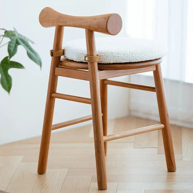 Contemporary Scandinavian Curved Bow Sherpa Fabric Rubberwood Vanity Stool Backrest Armless For Bedroom