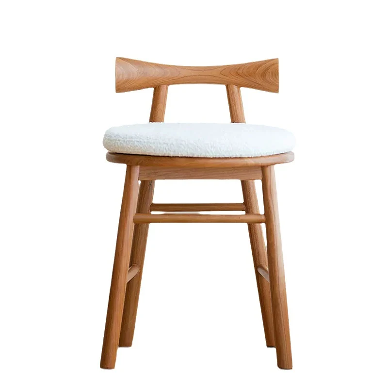 Contemporary Scandinavian Curved Bow Sherpa Fabric Rubberwood Vanity Stool Backrest Armless For Bedroom