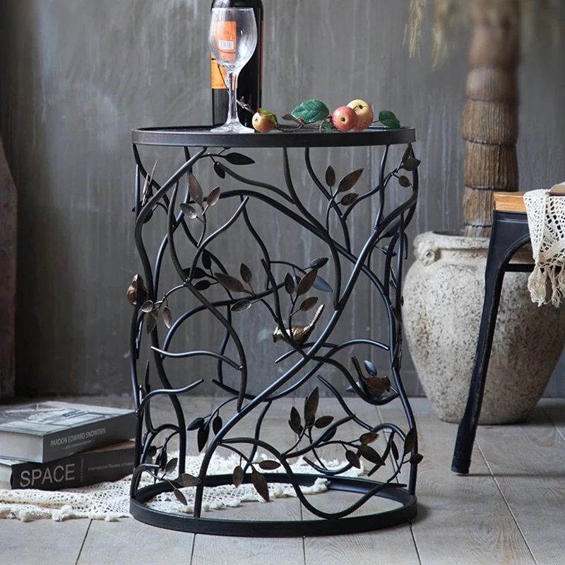 Traditional Vintage Cylindrical Leaf Design Openwork Wrought Iron Glass End Table For Living Room