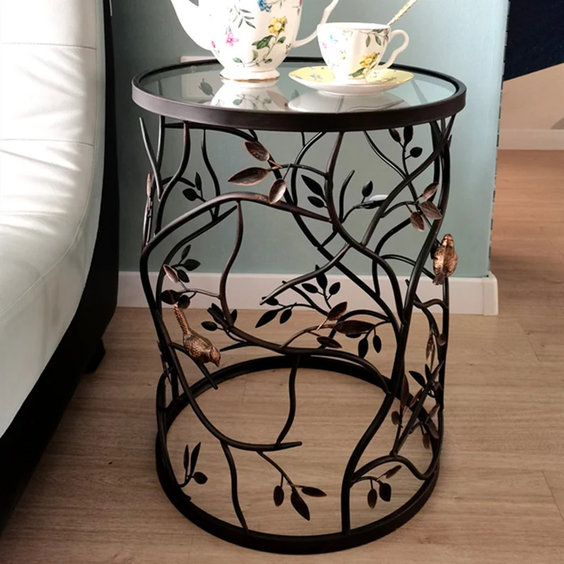 Traditional Vintage Cylindrical Leaf Design Openwork Wrought Iron Glass End Table For Living Room