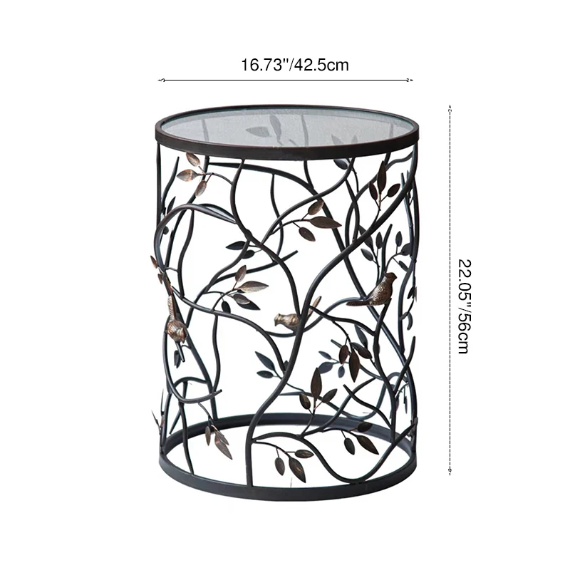Traditional Vintage Cylindrical Leaf Design Openwork Wrought Iron Glass End Table For Living Room