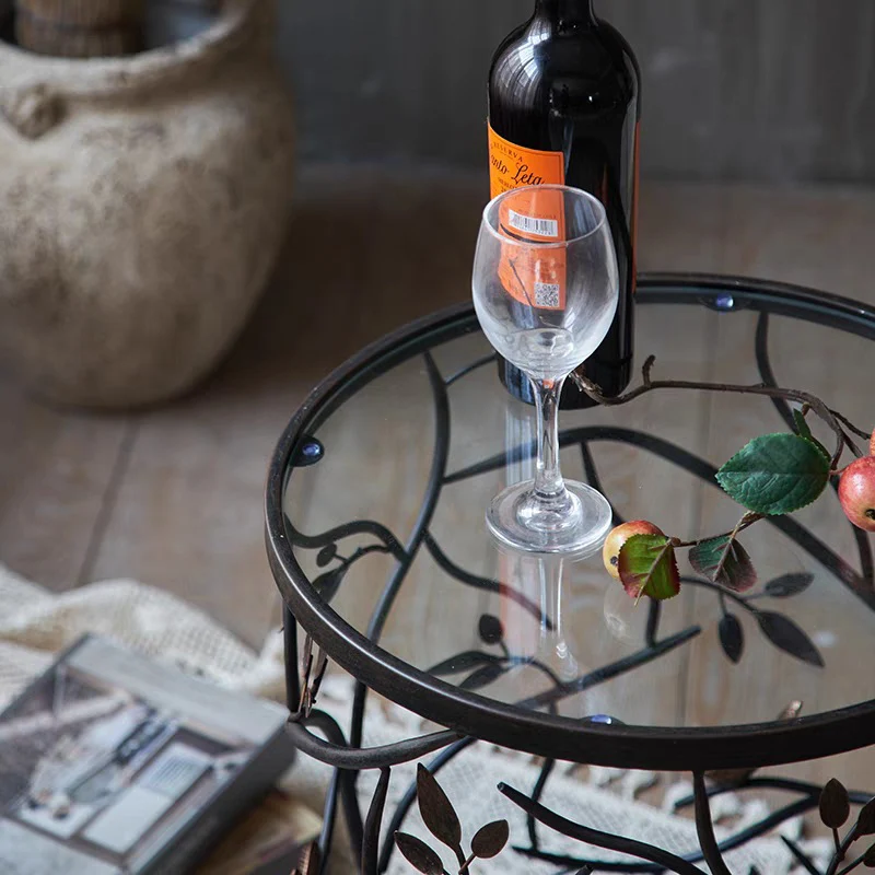 Traditional Vintage Cylindrical Leaf Design Openwork Wrought Iron Glass End Table For Living Room