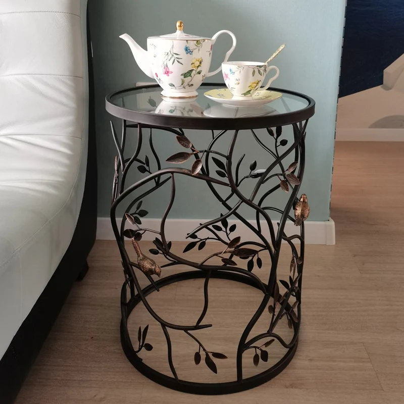 Traditional Vintage Cylindrical Leaf Design Openwork Wrought Iron Glass End Table For Living Room