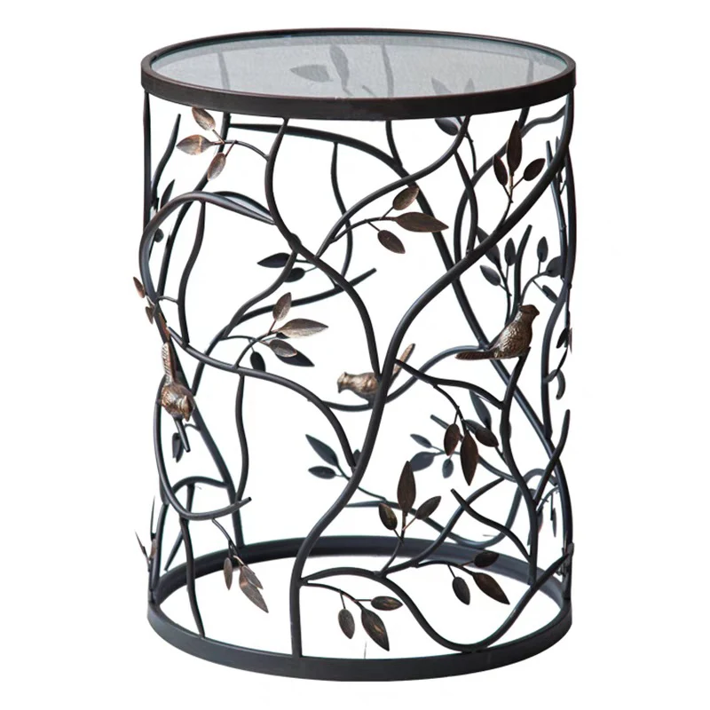 Traditional Vintage Cylindrical Leaf Design Openwork Wrought Iron Glass End Table For Living Room