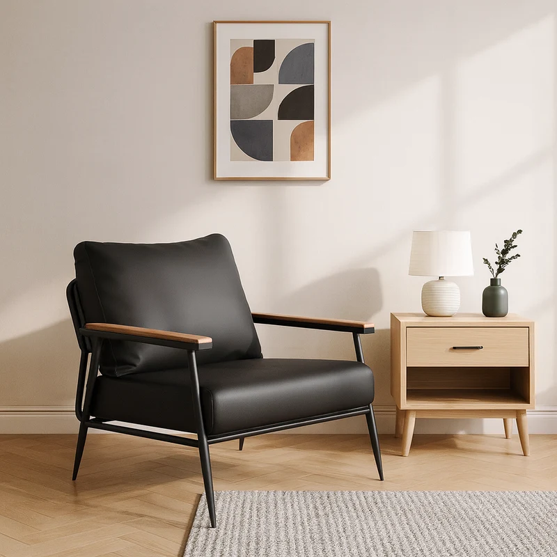 Contemporary Industrial Rectangular Carbon Steel Faux Nappa Leather Sponge Latex PP Cotton Accent Chair Backrest Armrest For Living Room