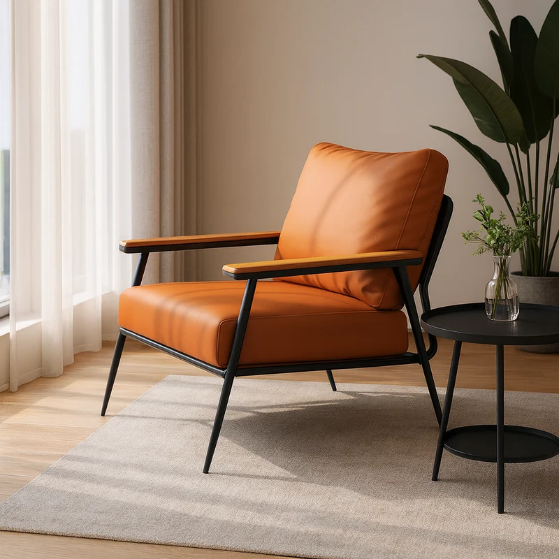 Contemporary Industrial Rectangular Carbon Steel Faux Nappa Leather Sponge Latex PP Cotton Accent Chair Backrest Armrest For Living Room