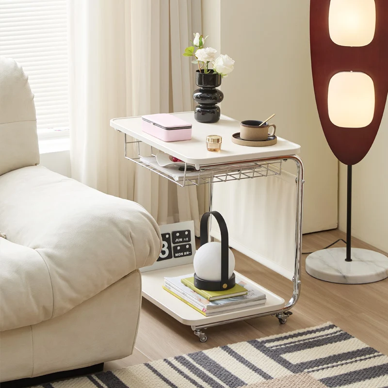 Modern Minimalist Movable Square PU Leather Carbon Steel MDF Side Table 3-Tier For Living Room