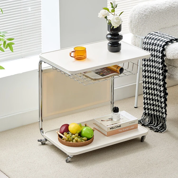 Modern Minimalist Movable Square PU Leather Carbon Steel MDF Side Table 3-Tier For Living Room