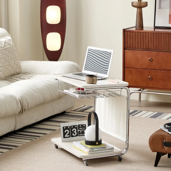 Modern Minimalist Movable Square PU Leather Carbon Steel MDF Side Table 3-Tier For Living Room