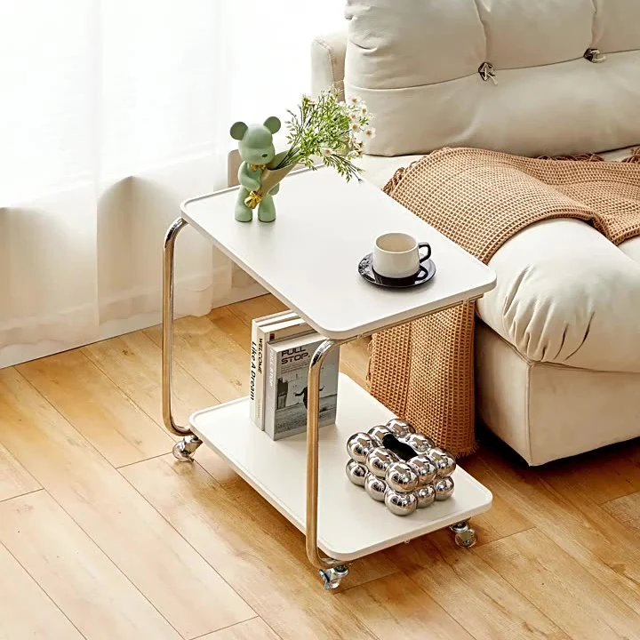 Modern Minimalist Movable Square PU Leather Carbon Steel MDF Side Table 3-Tier For Living Room