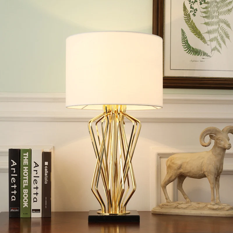 Contemporary Luxury Cylindrical Geometric Metal-Woven Base Marble Iron Fabric 1- Light Table Lamp For Bedroom