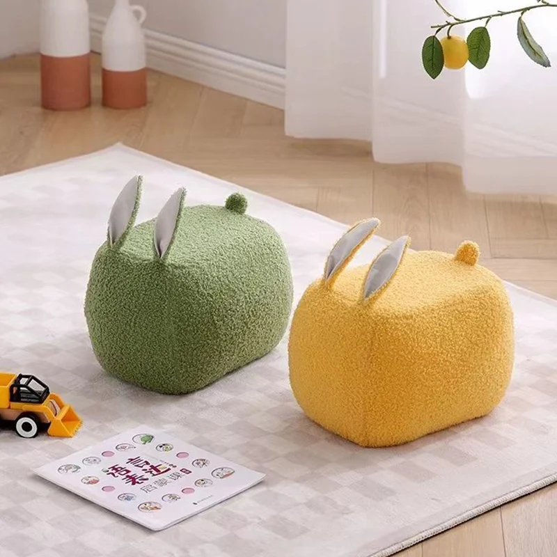 Contemporary Creative Rabbit-Shaped Teddy Fleece Pine Wood Plywood Sponge Kids Low Stool Backless Armless For Living Room
