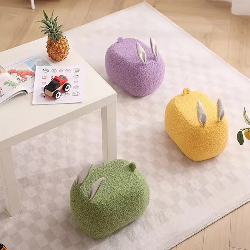 Contemporary Creative Rabbit-Shaped Teddy Fleece Pine Wood Plywood Sponge Kids Low Stool Backless Armless For Living Room