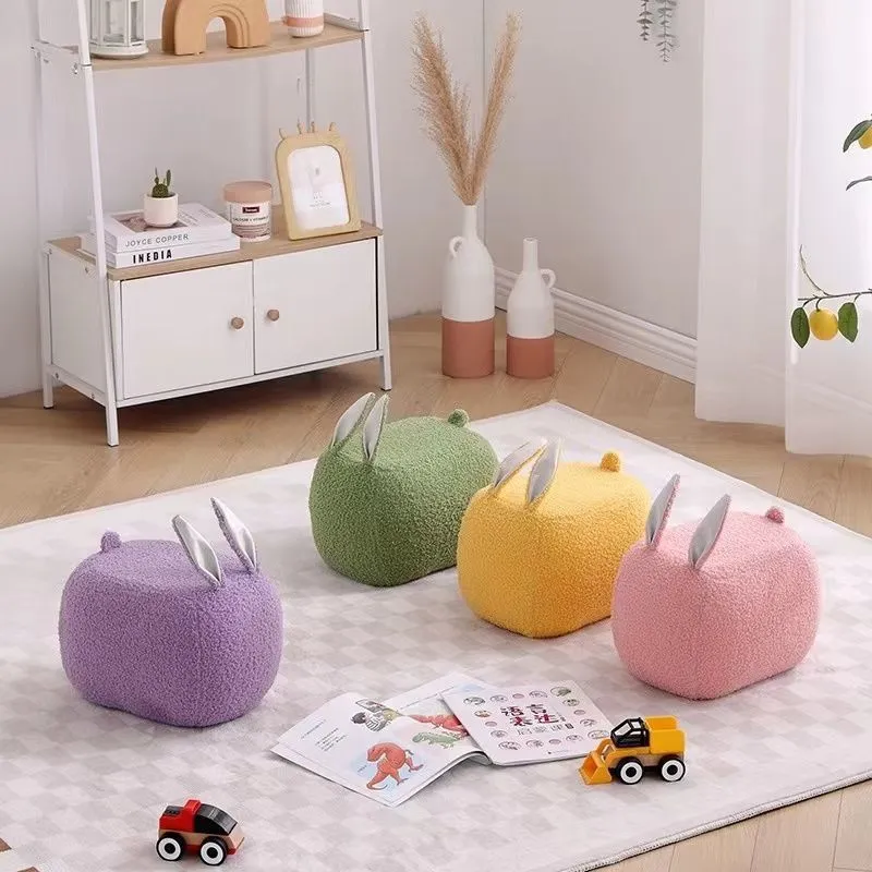 Contemporary Creative Rabbit-Shaped Teddy Fleece Pine Wood Plywood Sponge Kids Low Stool Backless Armless For Living Room