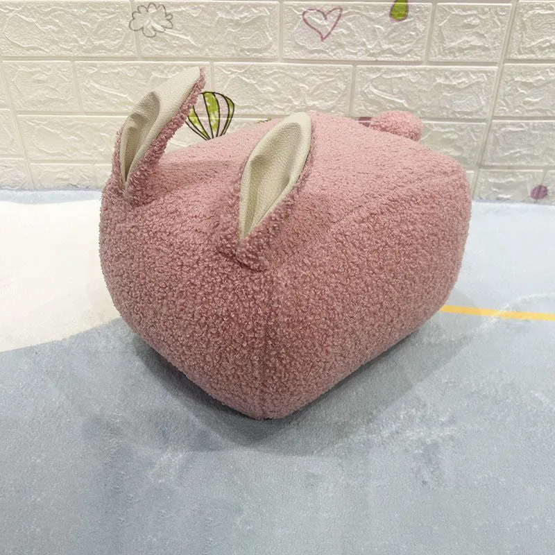 Contemporary Creative Rabbit-Shaped Teddy Fleece Pine Wood Plywood Sponge Kids Low Stool Backless Armless For Living Room