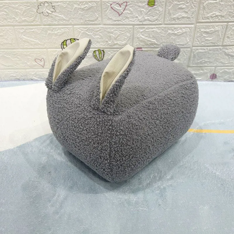 Contemporary Creative Rabbit-Shaped Teddy Fleece Pine Wood Plywood Sponge Kids Low Stool Backless Armless For Living Room