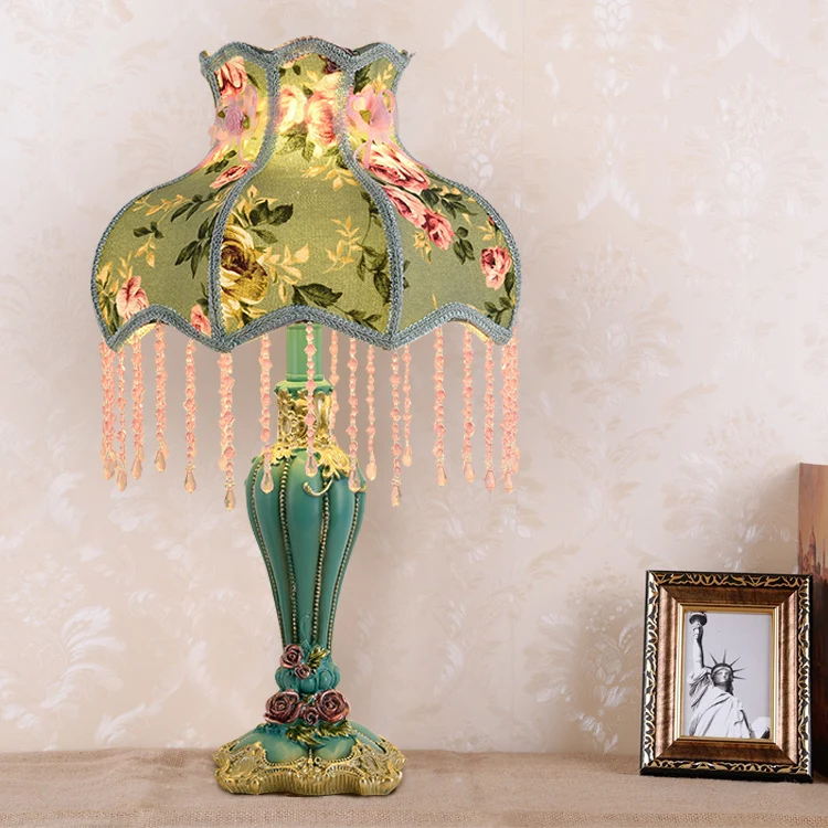 Traditional French Floral Pattern Round Fringe Resin Fabric 1-Light Table Lamp For Bedroom