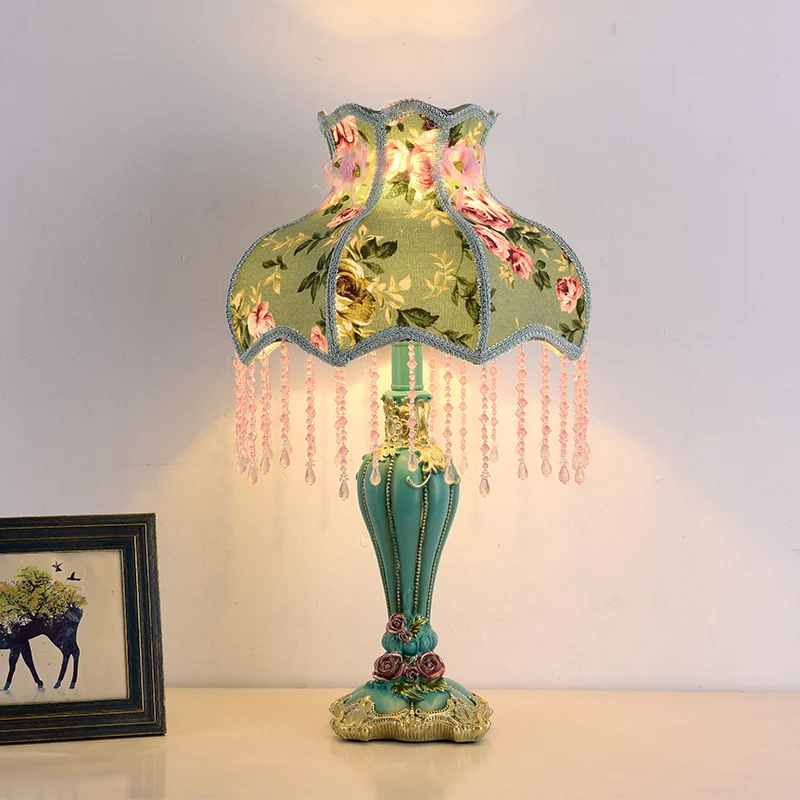 Traditional French Floral Pattern Round Fringe Resin Fabric 1-Light Table Lamp For Bedroom