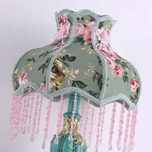 Traditional French Floral Pattern Round Fringe Resin Fabric 1-Light Table Lamp For Bedroom