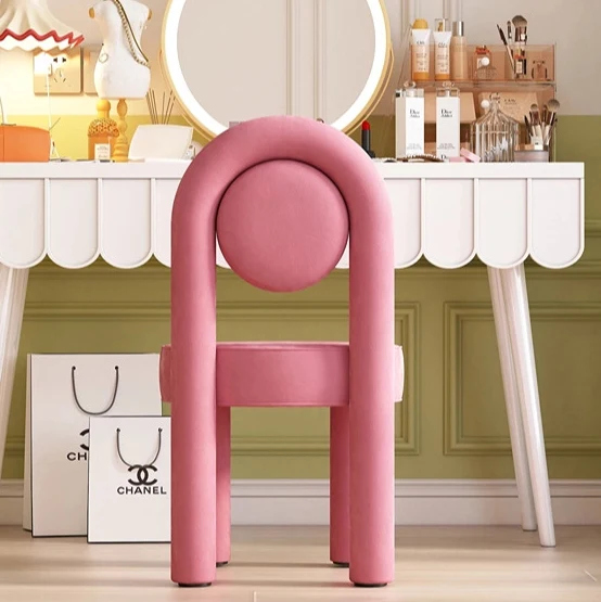Modern Minimalist Arched Round Suede Fabric Carbon Steel Foam Vanity Stool Backrest Armless For Bedroom