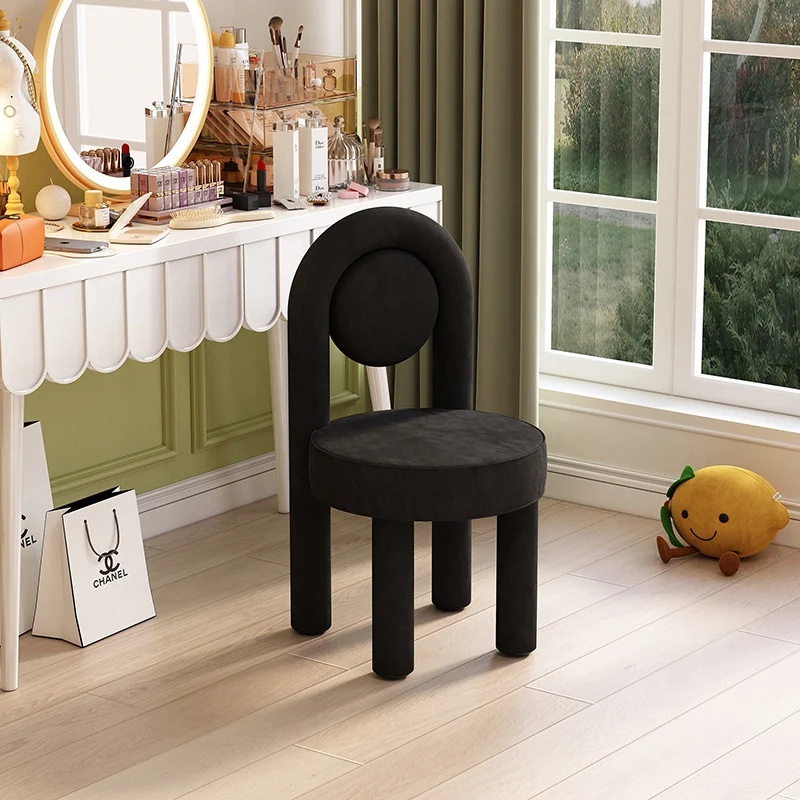 Modern Minimalist Arched Round Suede Fabric Carbon Steel Foam Vanity Stool Backrest Armless For Bedroom