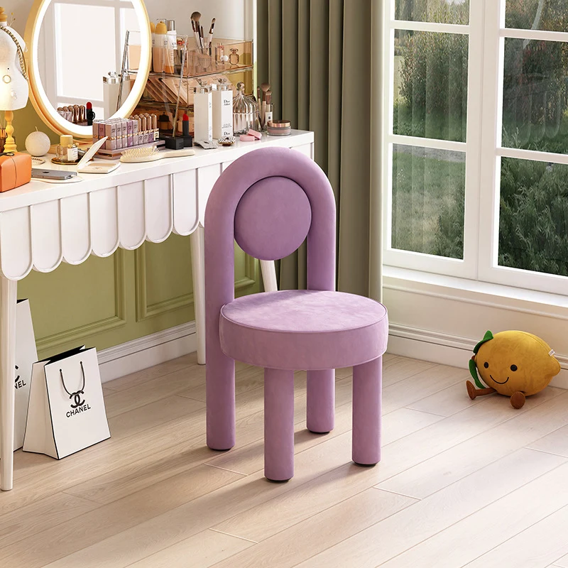 Modern Minimalist Arched Round Suede Fabric Carbon Steel Foam Vanity Stool Backrest Armless For Bedroom