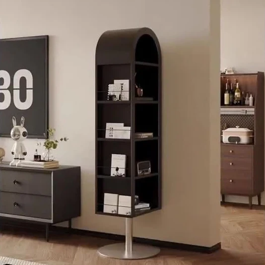 Modern Minimalist Rotatable Arched Carbon Steel Glass Bookshelves 5-Tier With Mirror For Living Room