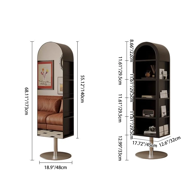 Modern Minimalist Rotatable Arched Carbon Steel Glass Bookshelves 5-Tier With Mirror For Living Room