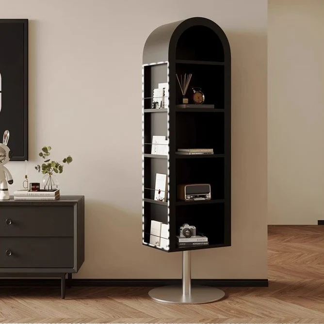 Modern Minimalist Rotatable Arched Carbon Steel Glass Bookshelves 5-Tier With Mirror For Living Room