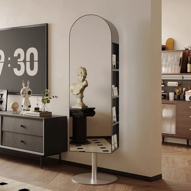 Modern Minimalist Rotatable Arched Carbon Steel Glass Bookshelves 5-Tier With Mirror For Living Room