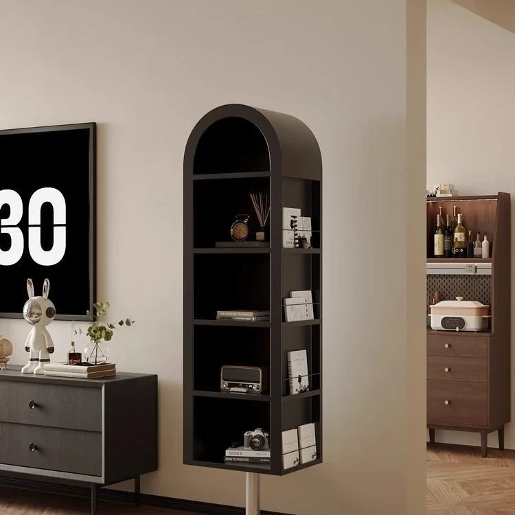 Modern Minimalist Rotatable Arched Carbon Steel Glass Bookshelves 5-Tier With Mirror For Living Room