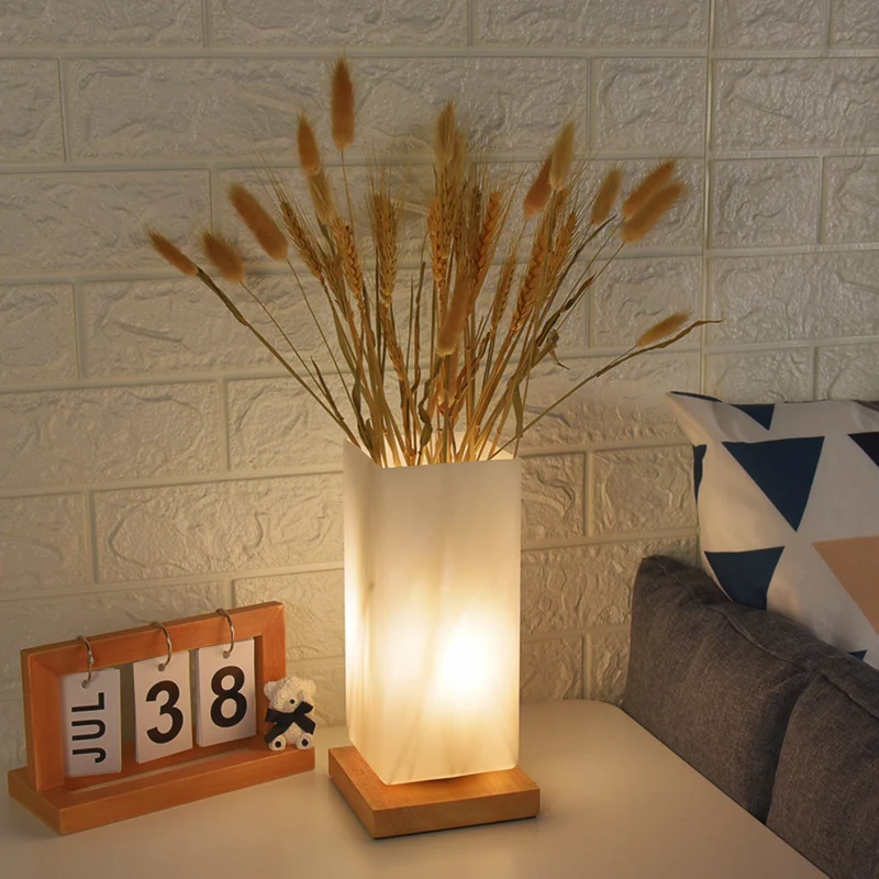 Modern Minimalist Cylindrical Square Wooden Glass LED Table Lamp For Bedroom
