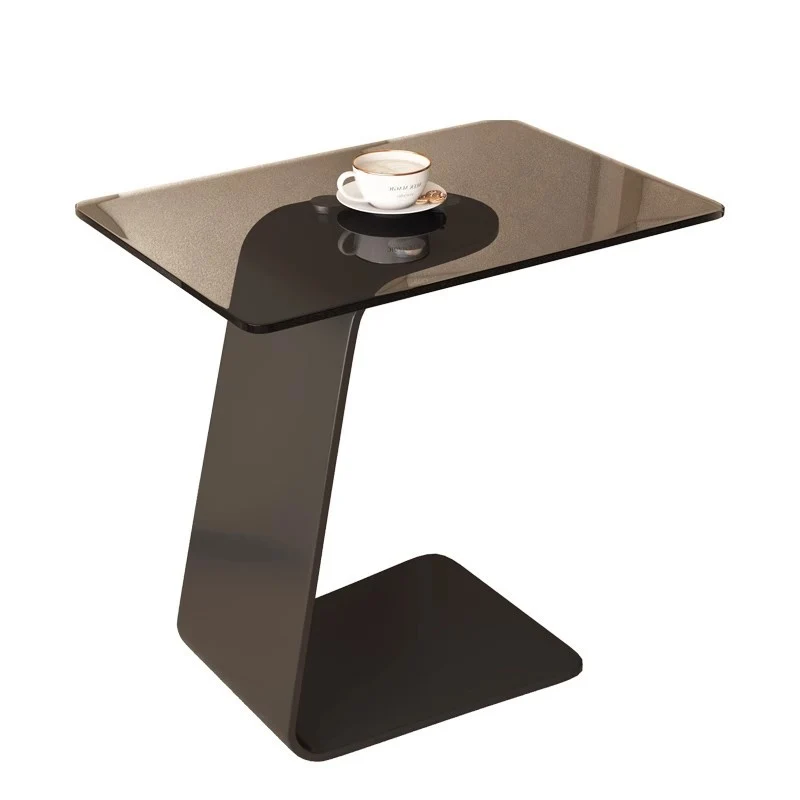 Modern Minimalist Tempered Glass & Carbon Steel Rectangular C-Shaped End Table With 2-Tier Design For Living Room And Bedroom