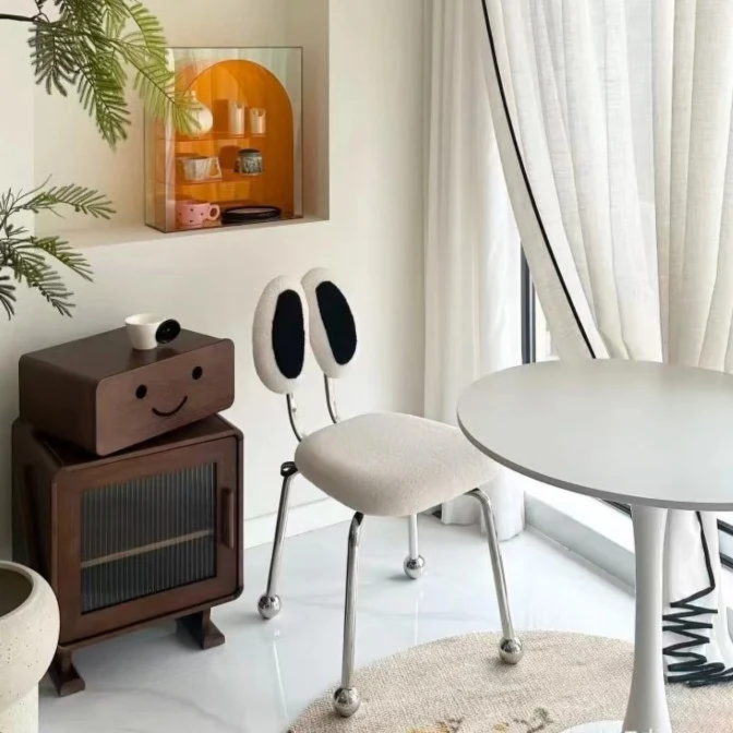 Contemporary Creative Sherpa Fabric Iron Rectangular Vanity Stool Double Oval Backrest Armless Swivel For Bedroom