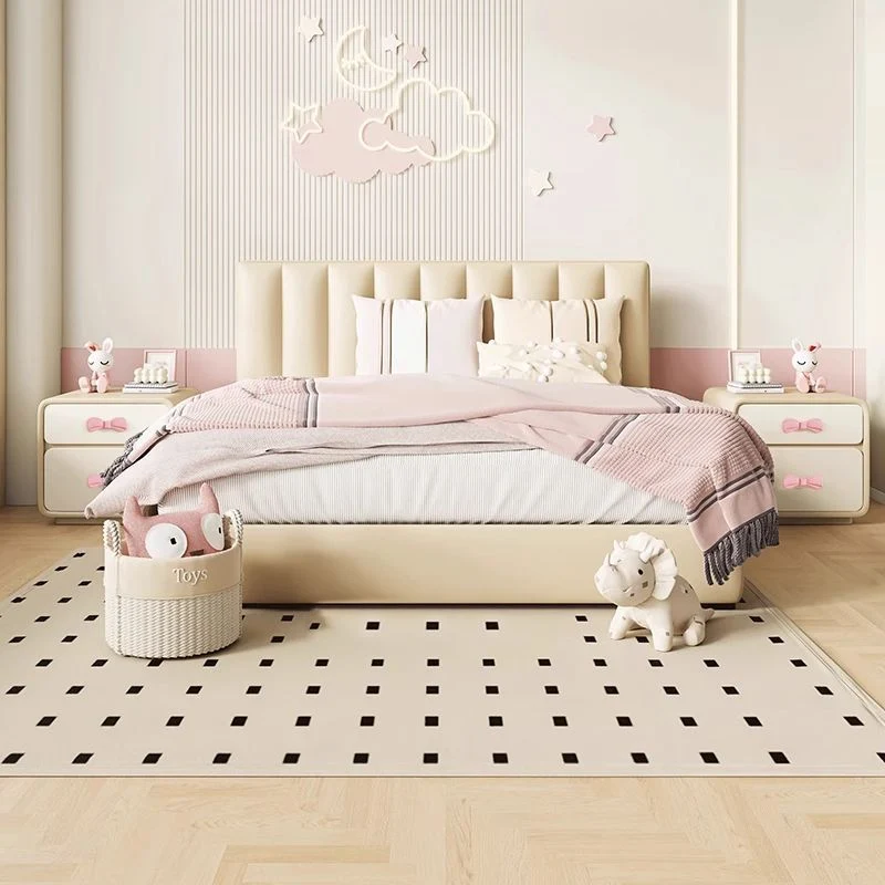 Modern Art Deco Rectangular Bowknot Plywood Cat-Scratch Leather MDF Kids Nightstand 2-Drawer For Bedroom