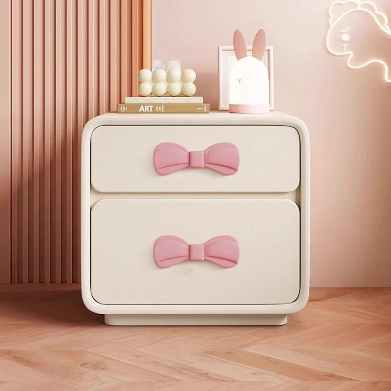Modern Art Deco Rectangular Bowknot Plywood Cat-Scratch Leather MDF Kids Nightstand 2-Drawer For Bedroom