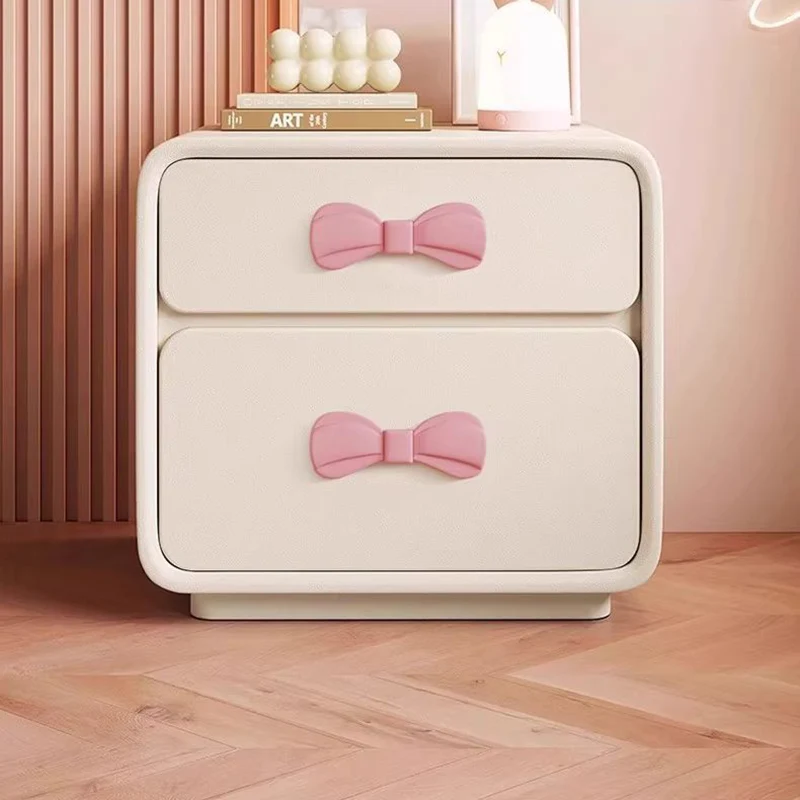 Modern Art Deco Rectangular Bowknot Plywood Cat-Scratch Leather MDF Kids Nightstand 2-Drawer For Bedroom