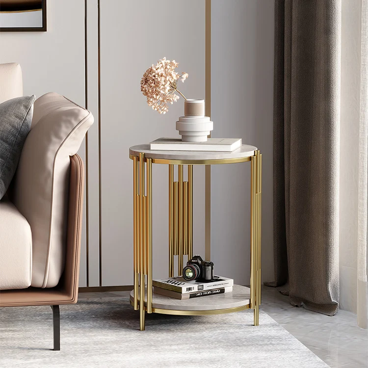 Contemporary Scandinavian Sintered Stone Iron Round Narrow Side Table 2-Tier For Living Room