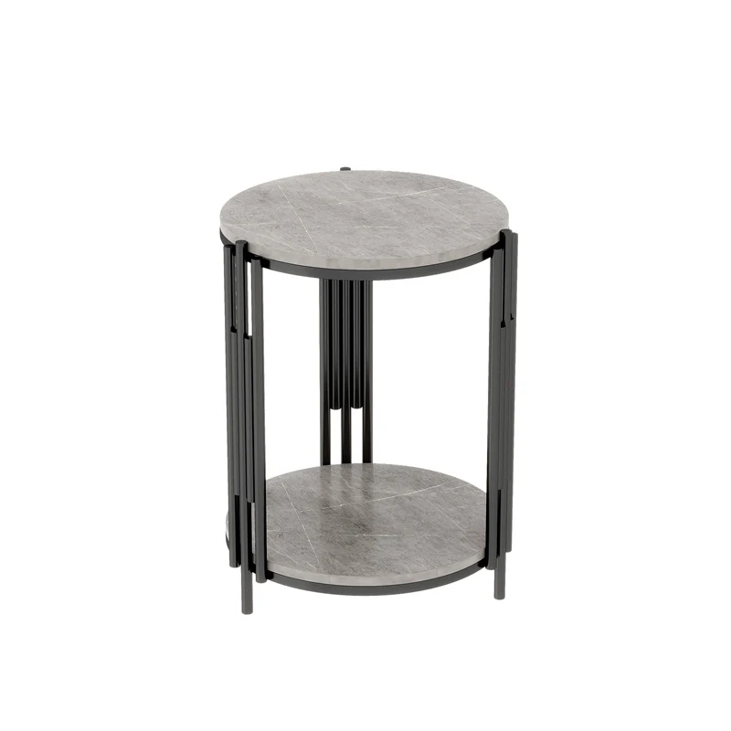 Contemporary Scandinavian Sintered Stone Iron Round Narrow Side Table 2-Tier For Living Room