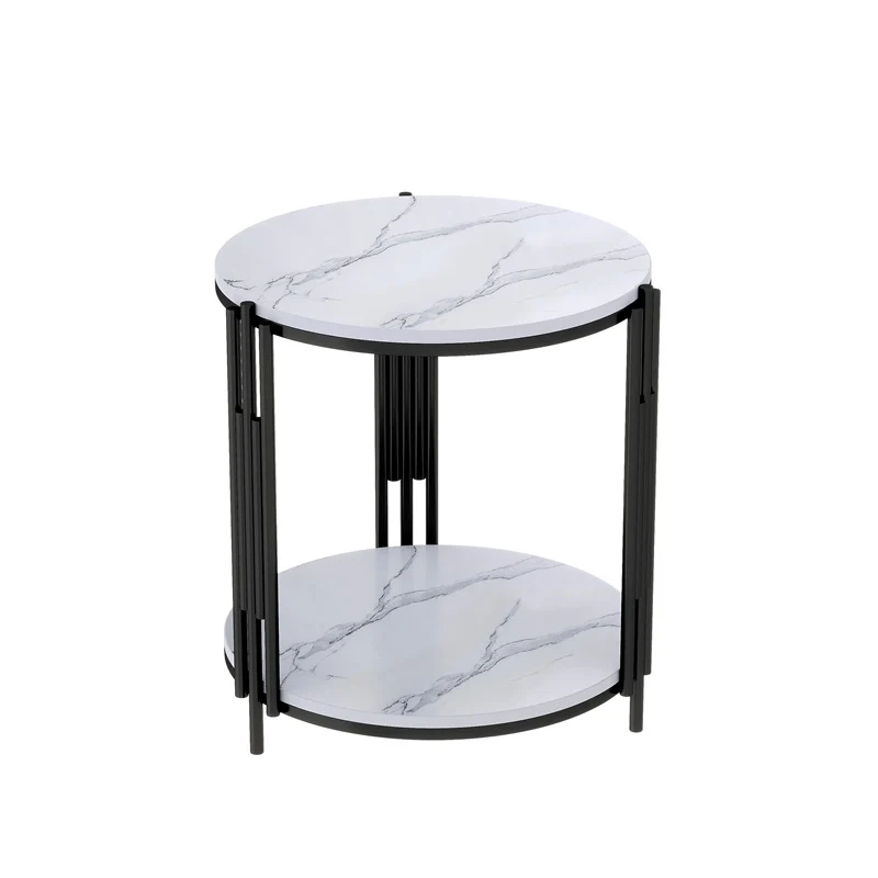 Contemporary Scandinavian Sintered Stone Iron Round Narrow Side Table 2-Tier For Living Room