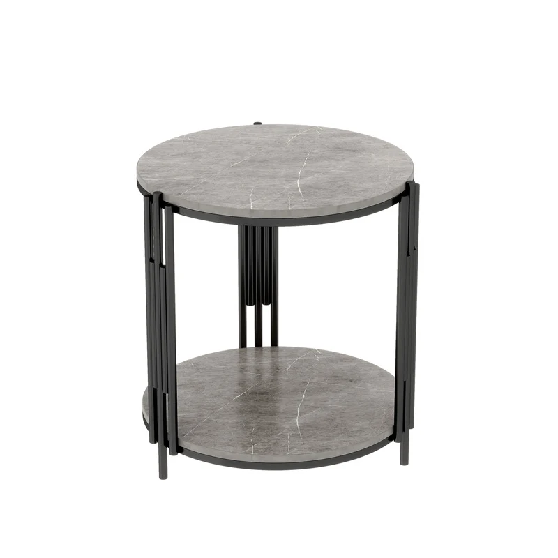 Contemporary Scandinavian Sintered Stone Iron Round Narrow Side Table 2-Tier For Living Room